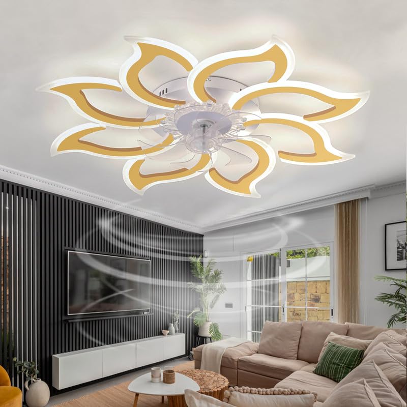 Caufloce LED Ceiling Fan Light Large Bedroom Dimmable Ceiling Fans with Lights Reversible Modern Remote Control Silent Light Fan Ceiling Flower Smart 6 Speed Indoor for Living Room, Lounge-Gold — image 1