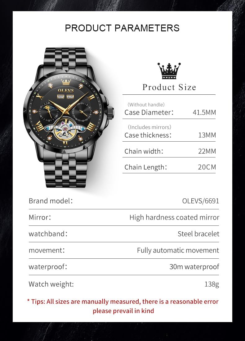 OLEVS Automatic Watches for Men Self Winding Mechanical Skeleton Luxury Dress Stainless Steel Diamond Men Wrist Watches - Image 6