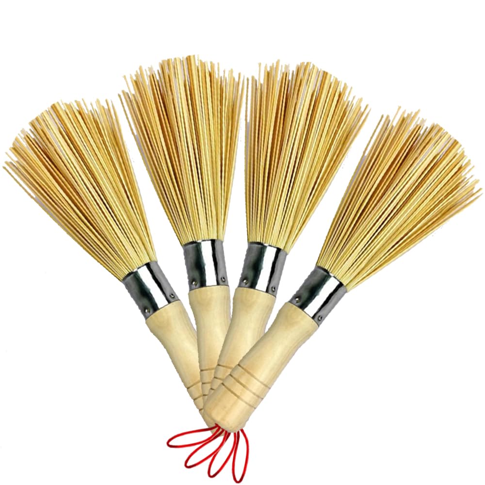 JUTSTJUKO Whisk Bamboo Scrub Brush Kitchen Cleaning Brushes Cleaning Whisk with Wooden Handle Kitchen Pan Clean Brush for Dishes Pans Wok Sink (D-4set)