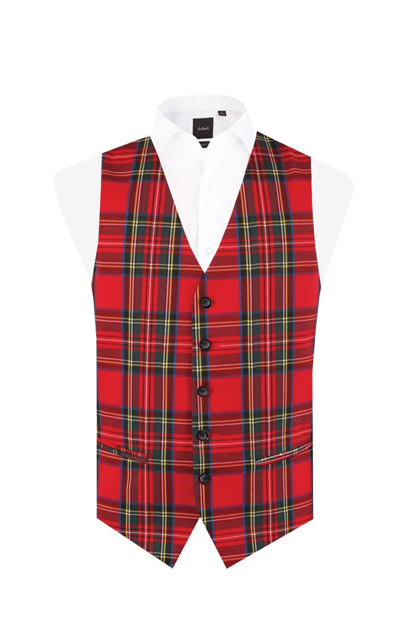 Dobell Mens Red Tartan Waistcoat Regular Fit 5 Button-2XL (50-52in)