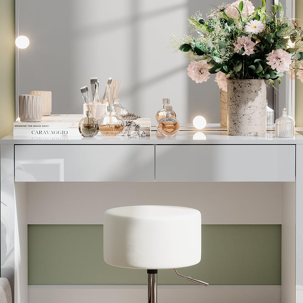 Vicco Tocador Annabelle, Blanco Alto Brillo/Blanco, 110 cm | con iluminación LED y taburete, Mantiene los productos de uso diario siempre al alcance de la mano