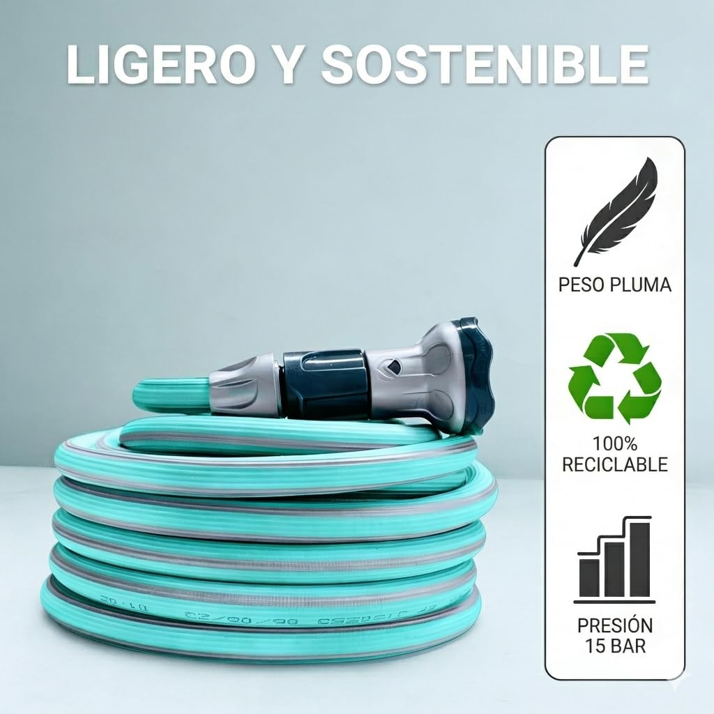 Idroeasy, manguera de jardín extensible de 20 metros, 5/8" de diámetro, manguera de riego extensible de 3 vías, resistente a nudos y torsiones, no tóxica, diseño azul pastel suave, Made In Italy