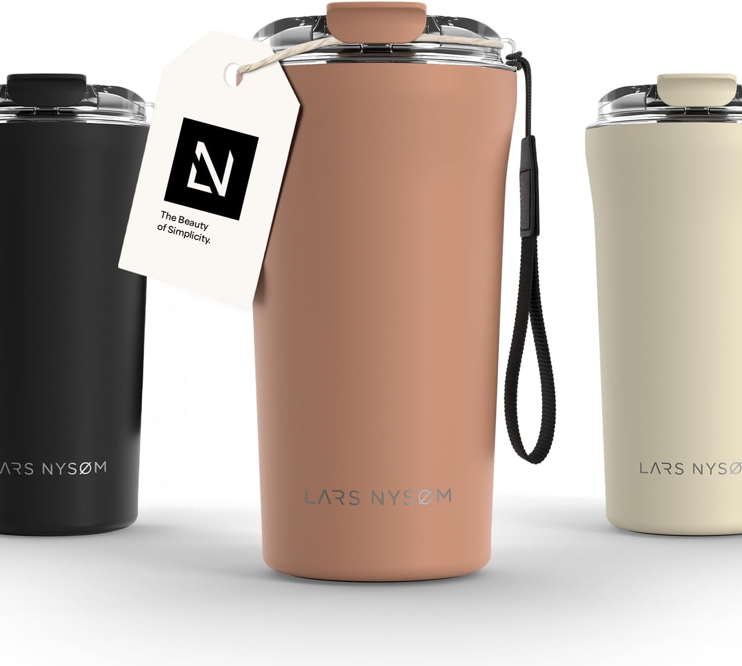 LARS NYSØM Thermo Coffee Mug to go with Strap 17oz | Travel Mug 0.5 Liter with Insulation | Leak Proof Stainless Steel Thermal Tumbler for Coffee and Tea to Go (Blush Rose, 17 oz)