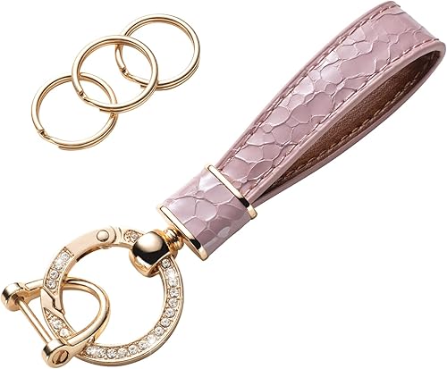 Gematay Llavero de cuero para automóvil, universal para hombres y mujeres con 3 llaveros, anillo en D antipérdida y clip de metal brillante, rosa