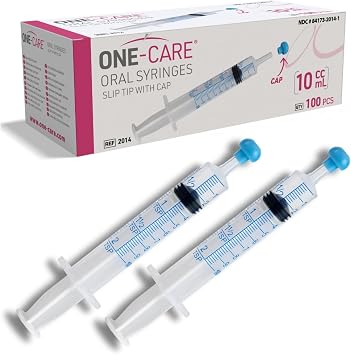 100 Pack, ONE-CARE 10ml Oral Syringe with Cap - Sterile, Individually Wrapped - 100 Syringes 10ml, Slip Tip, Uses include oral administration of medicine for infants, adults and animals
