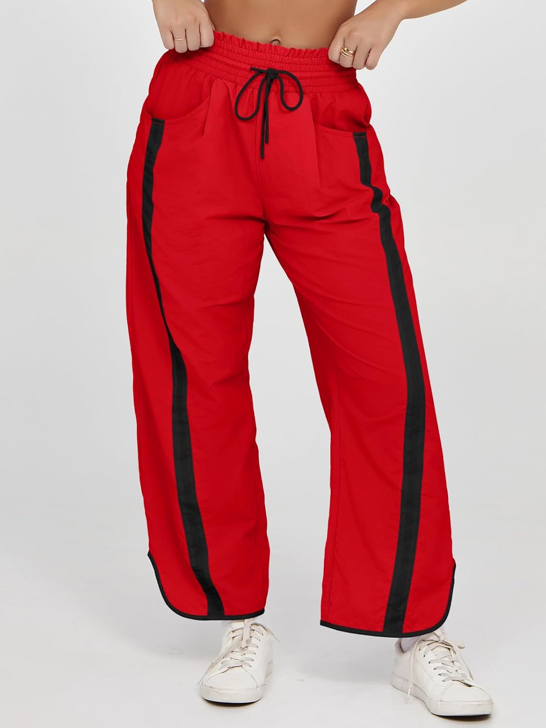 Fisoew Women's Baggy Wide Leg Pants Casual Drawstring Elastic Waisted Contrast Color Workout Y2K Track Pants - Image 5