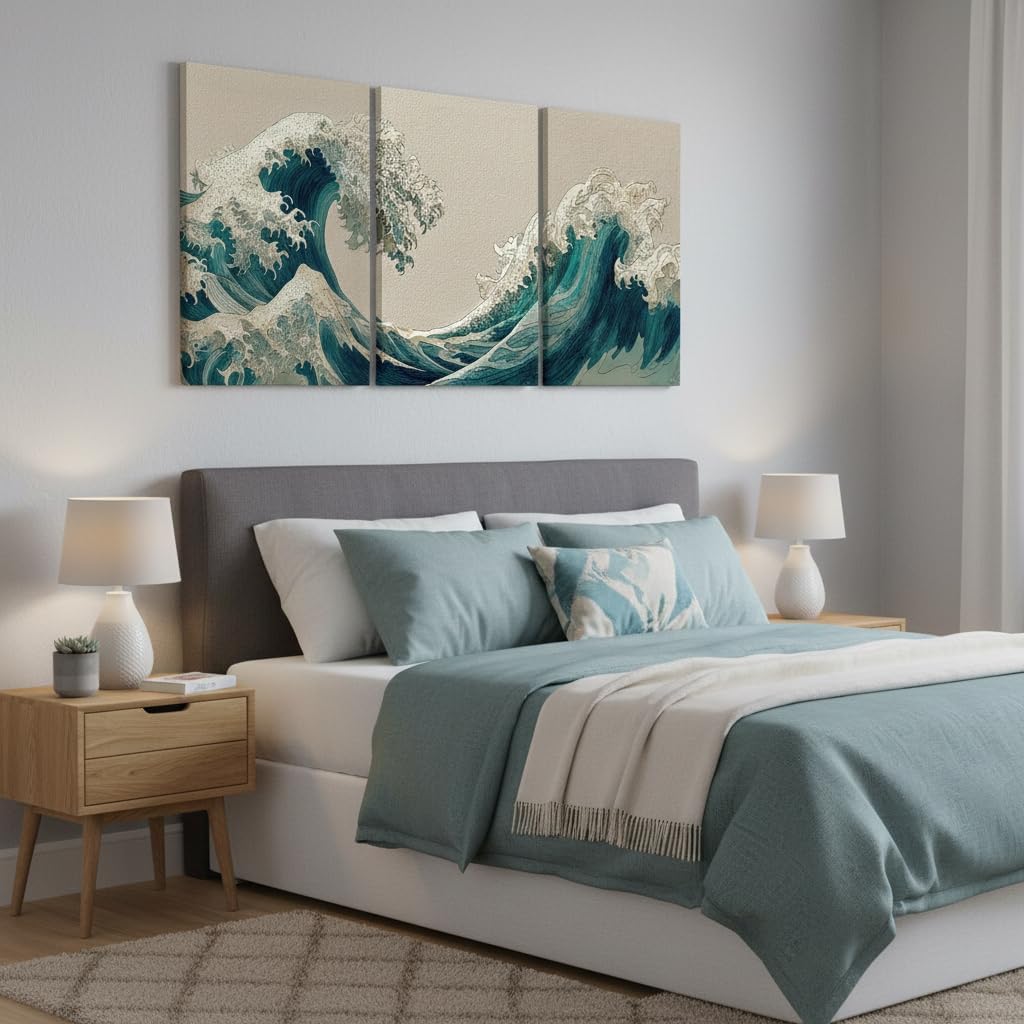 TEOVGKN 3Pcs Japanese The Great Wave Canvas Wall Art, Ukiyo-e Ocean Waves Pictures, Zen Blue Abstract Seascape Posters for Bedroom Bathroom Office Decor, FRAMED READY TO HANG (12x16 in)