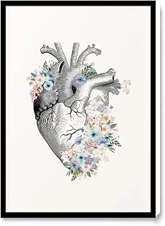 BEE KITCHEN DECOR,BATHROOM DECORATIONS,CANVAS QUOTES WALL ART,Vintage Anatomy Posters with Floral Heart modern art human digital art love drawing pastel flowers,12''x18''Framed Modern Canvas Wall