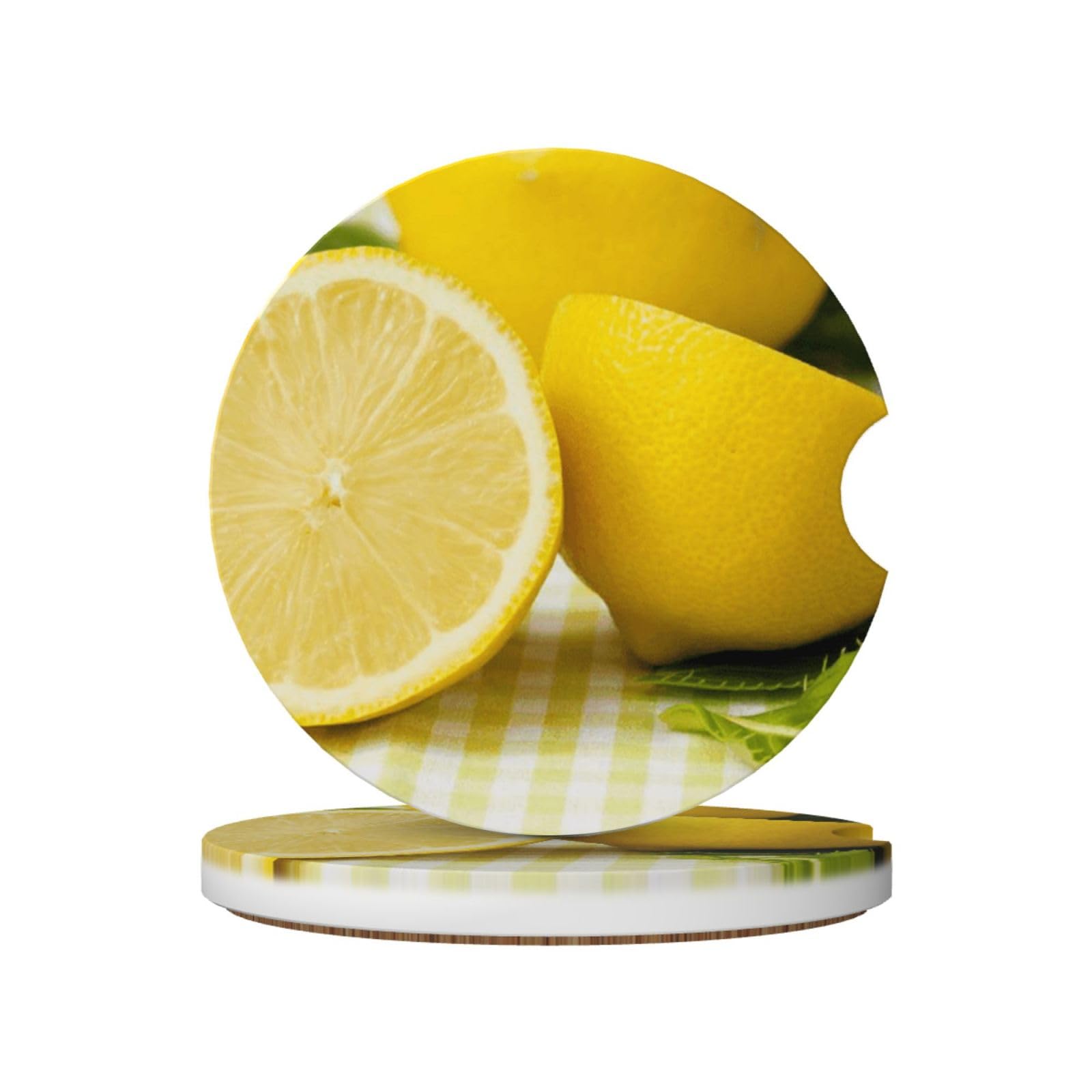 Yellow Lemon, Car Cup Holder Coasters 2 Pack, Absorbent Ceramic Car Coasters with Non Slip Cork Base