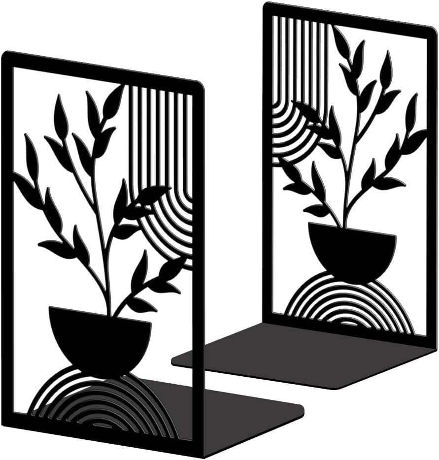 Peacoblue Metal Bookends for Shelves, Modern Decorative Heavy Duty Study Book Ends Stoppers for Office, Desk, Shelf, Room 5.3"x4.3"x7.9" Cast Iron Simple Tall Bookends 1 Pair (Bohemian Leaves)