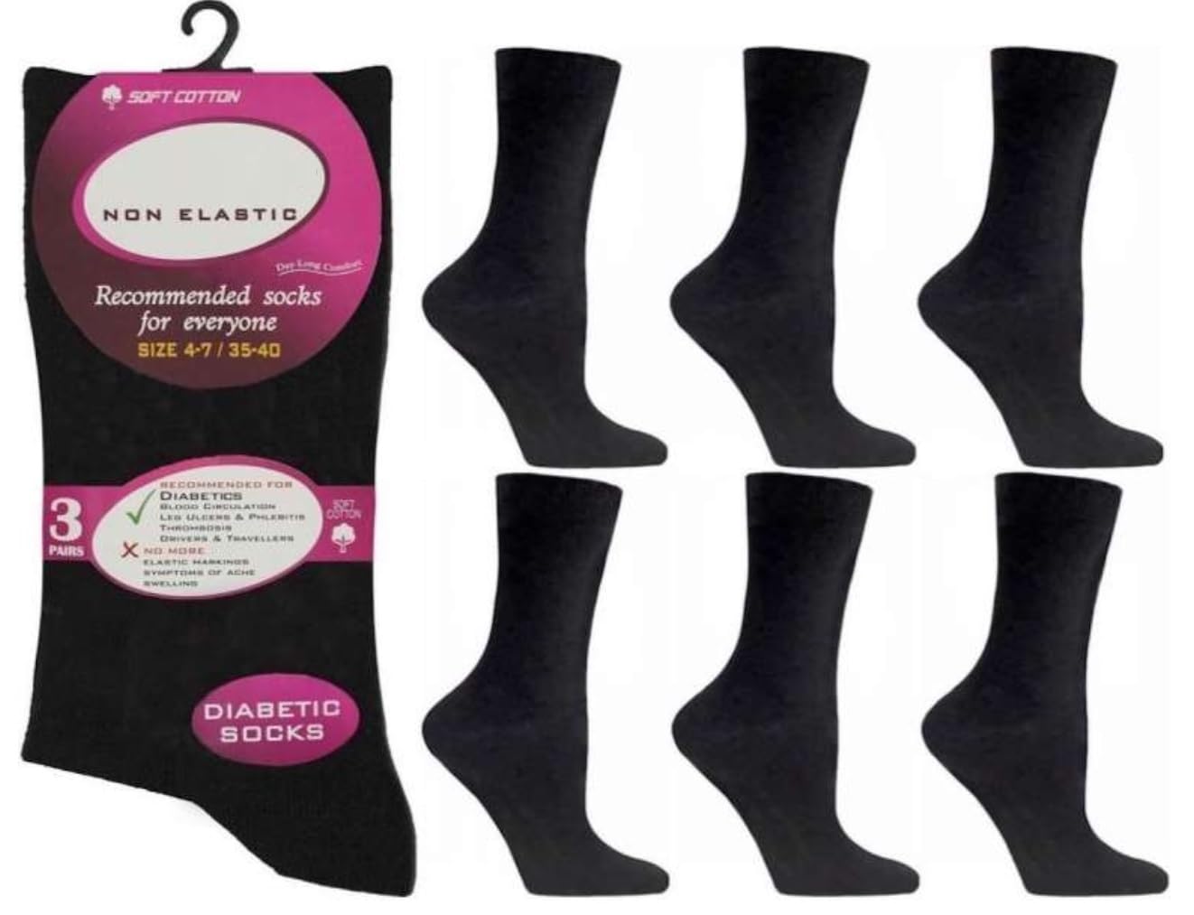 Onlybee Women's Black 6 Pairs Of Non Binding Diabetic Soft Loose Top Socks