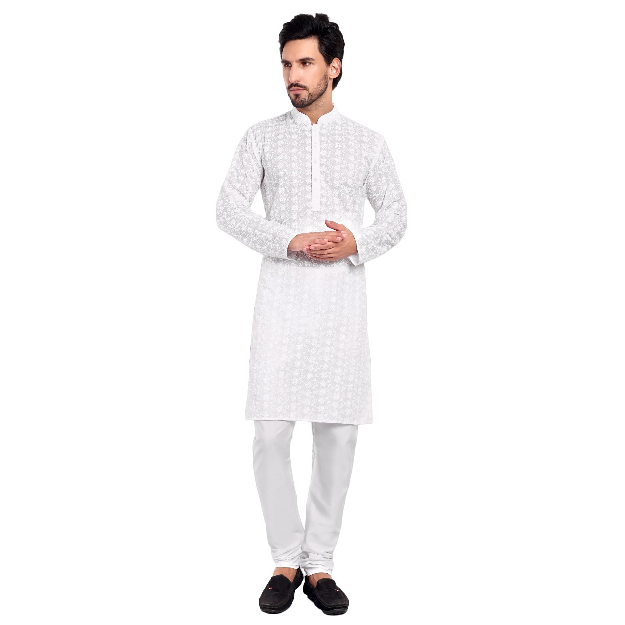 Men's Chikankari Kurta | Elegant Embroidered Design | Cotton Blend Mandarin Collar Full Sleeve Ethnic wear for Men | Knee Length Kurtas for Wedding-picture-39