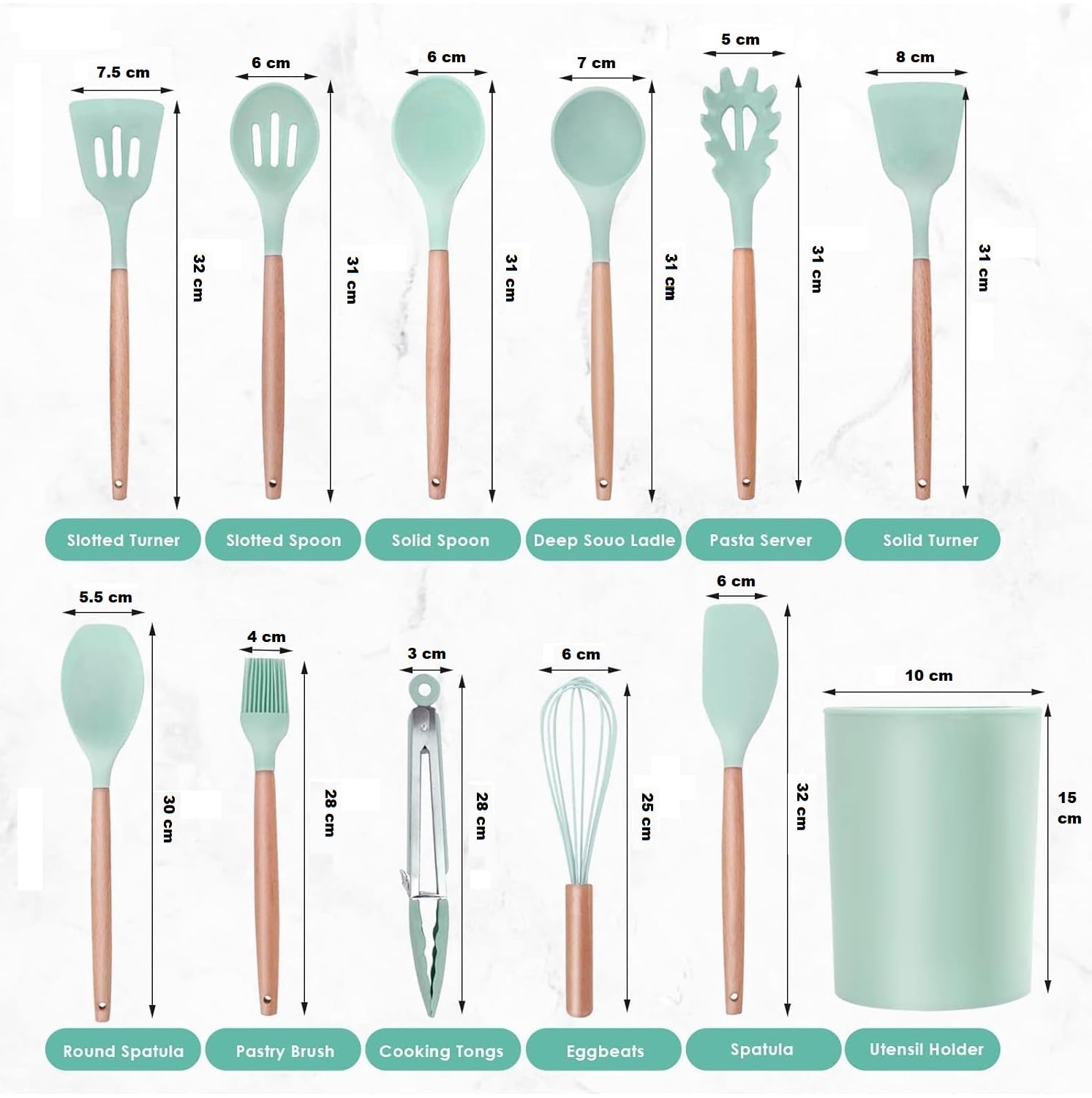 JUGTE - Juego de 12 espátulas de silicona antiadherentes, mango de madera de aislamiento resistente, accesorios de cocina para cocinar con espátula (verde)