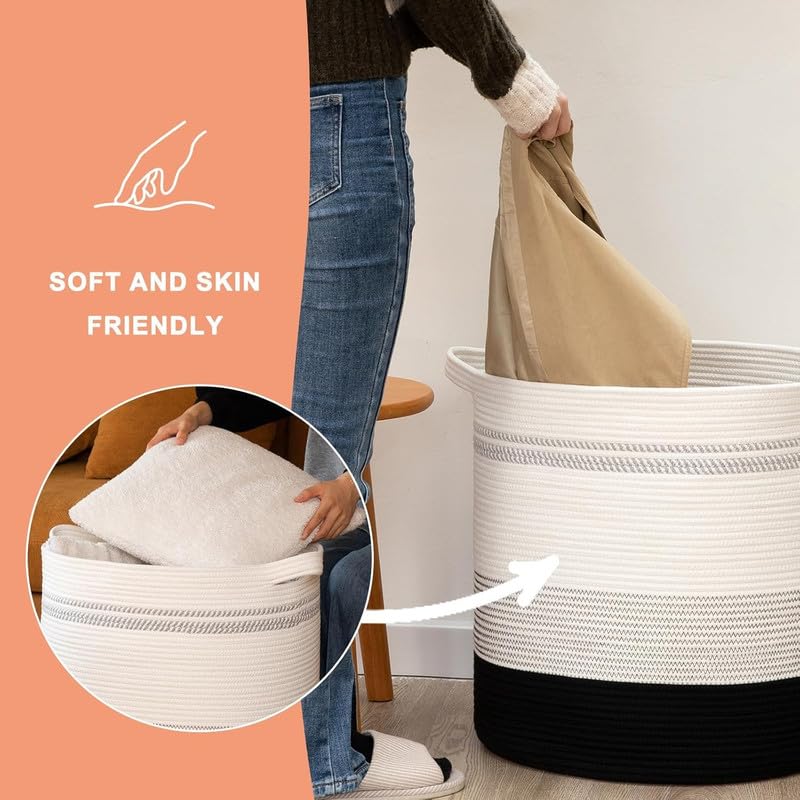 Image of Storage Rope Laundry Hamper Basket for Clothes, Towels and Blankets in Livingroom, Bedroom, Laundry Room and Basket for Nursery Storage (Size - 14 inch x 14 inch x 18 inch) (Black White Stripe)
