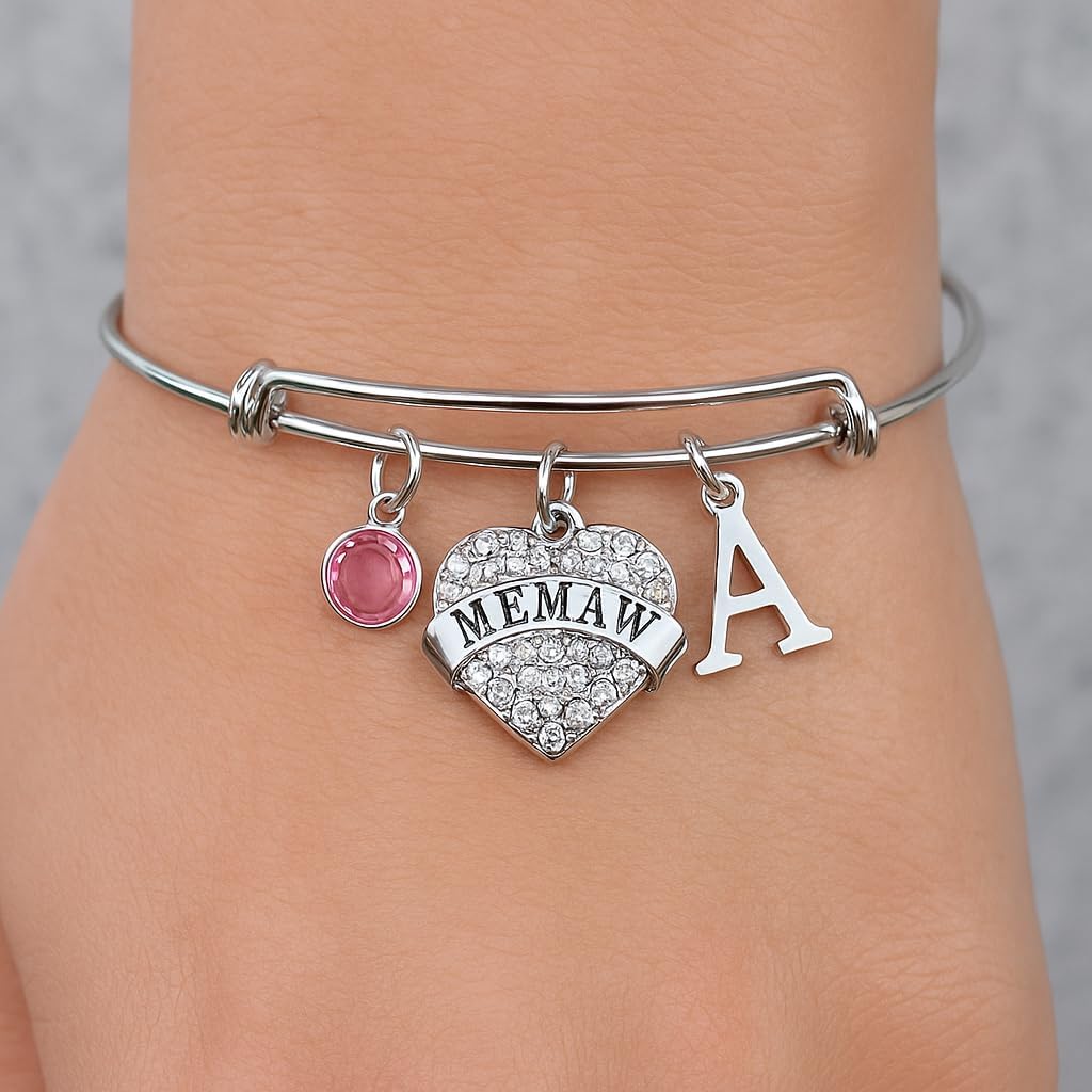 Memaw Crystal Heart Expandable Silver Bangle Memaw Charm Bracelet Grandmother Gift for Memaw - Image 3