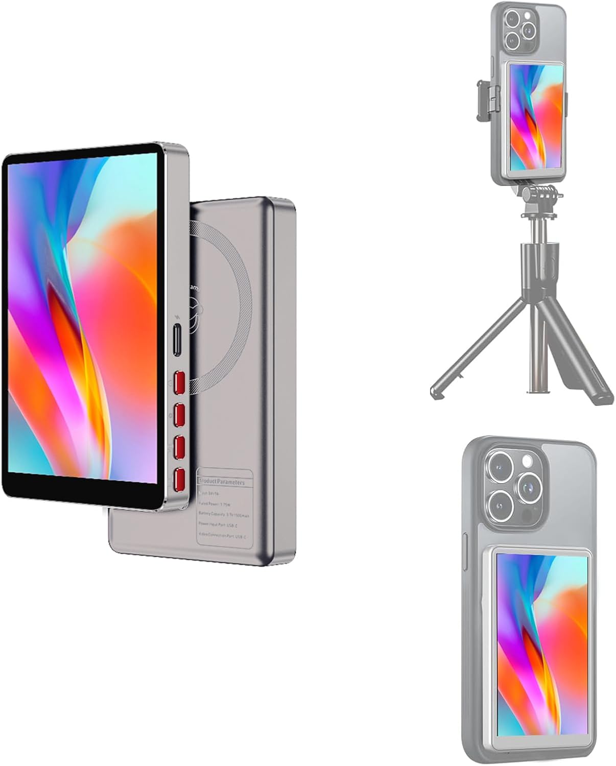 Vlog Selfie Monitor Screen(Alloy Case), Content Creator Essentials,Back Camera Magnetic Mirror Monitor for TikTok, Selfie, YouTube, Live Streaming, Screen Mirroring for iPhone Camera (Silver)
