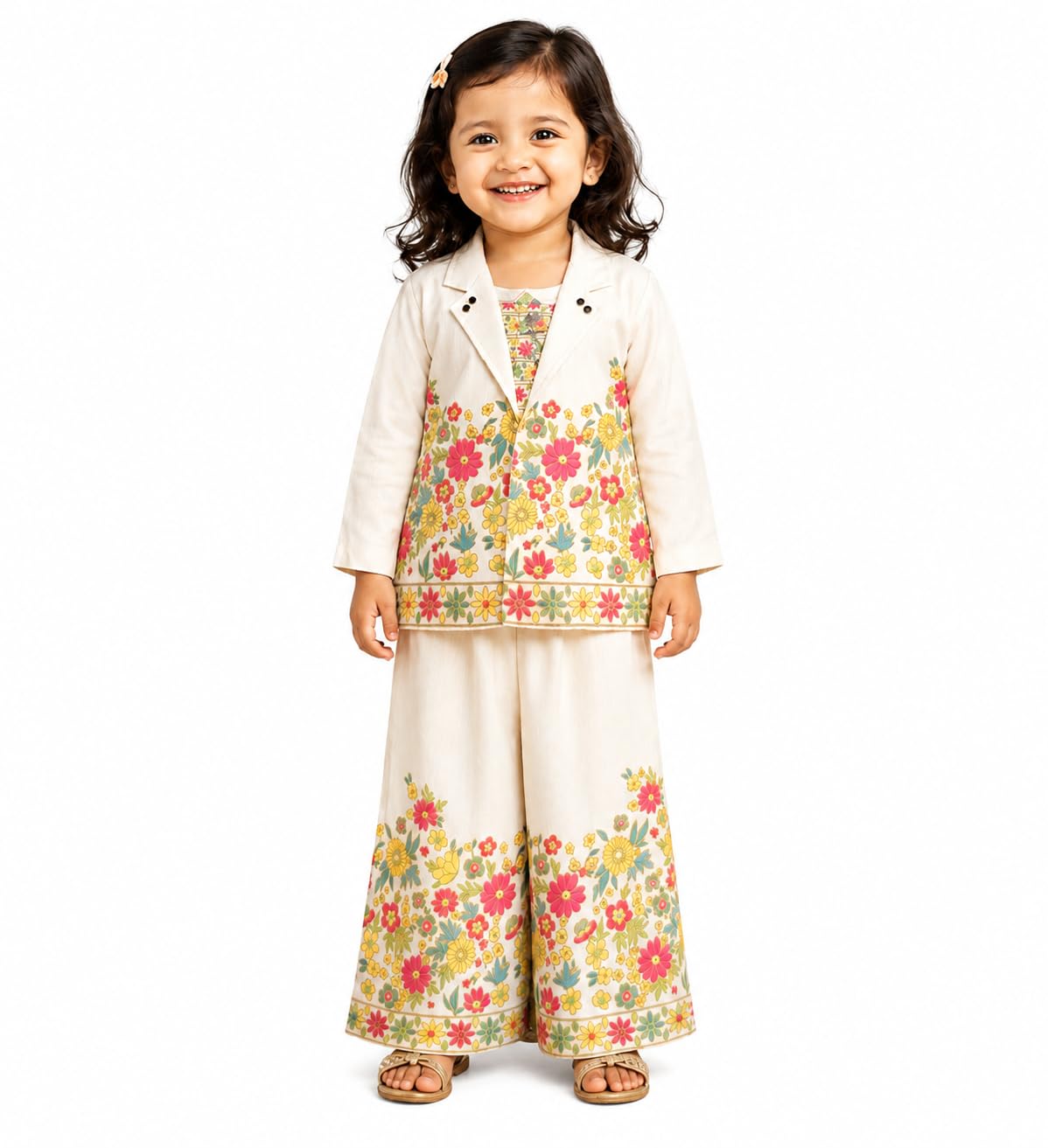 Floral Cord Set Blazer with Top and Pants for Girls Off-White-picture-30