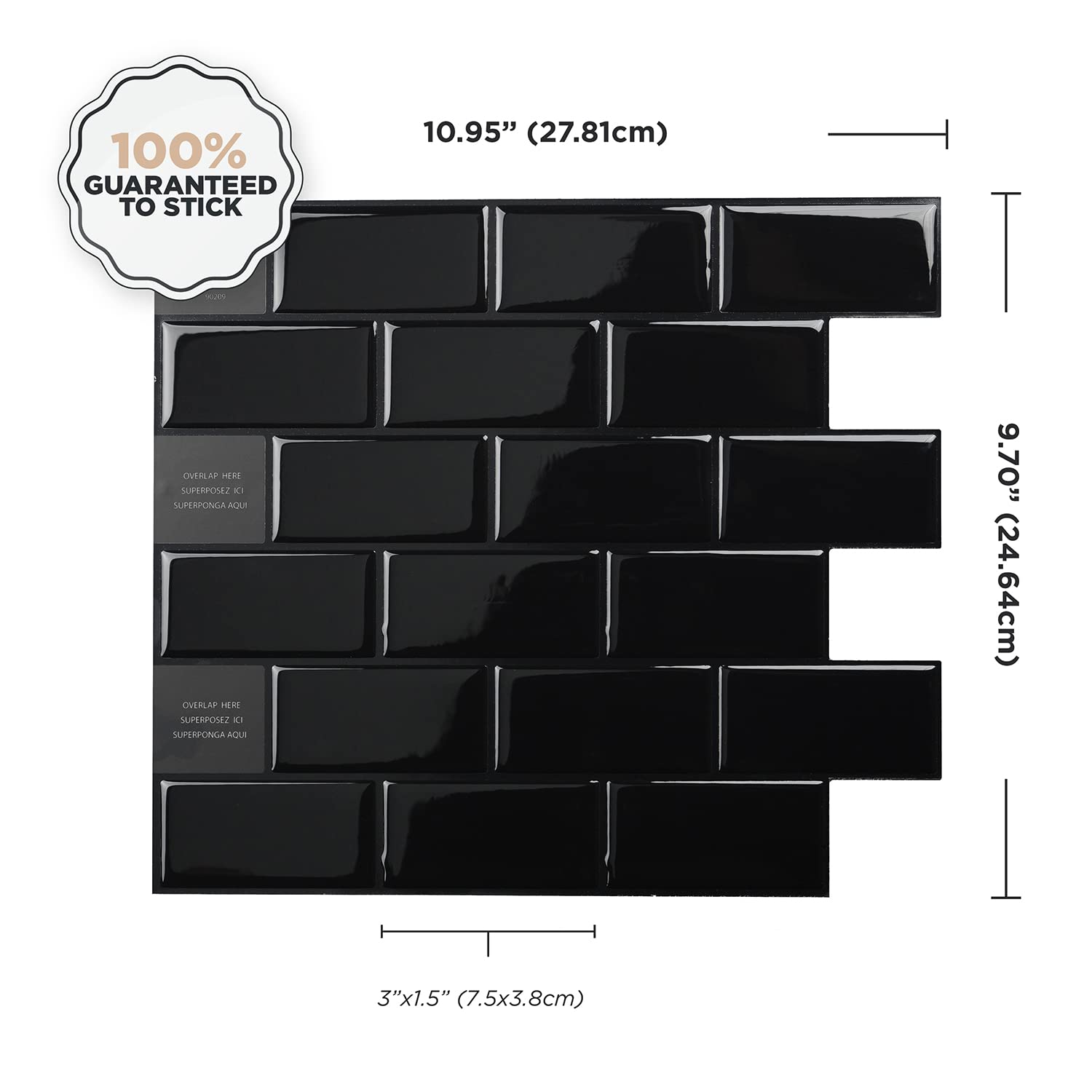 Smart Tiles Piastrelle Adesive, Metro Nero Intenso, 27,81x24,64 cm | Set da 10 (0,58 m²), Lucida, Resistente a calore/umidità, Basso VOC, Cucina/Bagno, Ideale per affittuari, Made in Canada