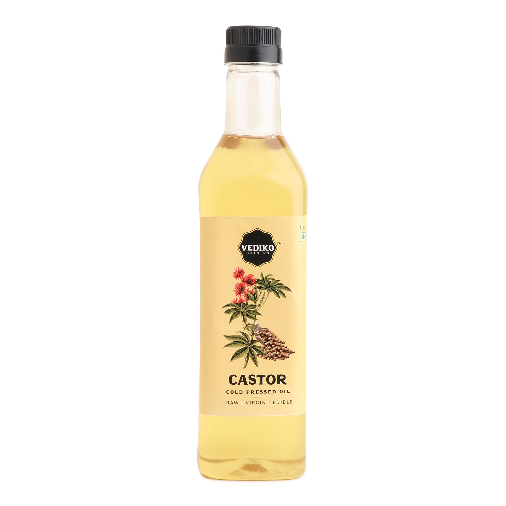 Vediko Organic Castor Oil | Cold Pressed from Gujarat Grown Seeds | Natural Wood Pressed for Hair Growth, Skin Hydration, Constipation Relief | Rich in Nutrients | No Preservatives (1 Litre)