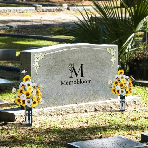 Artificial Cemetery Flowers for Grave: 2 Pc Yellow White Sunflower Grave Flower Bouquets for Cemetery Decorations - Spring Outdoor Gravesite Flowers with Vase image 6