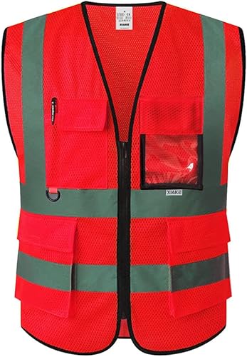XIAKE Chaleco de seguridad reflectante de malla de alta visibilidad con bolsillos y cremallera para hombres y mujeres, chaleco de construcción de