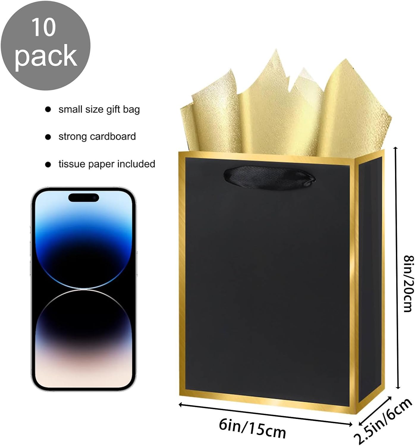 OfficeCastle 10-Pack Black and Golden Gift Bags with Handles, Gift Bag with Tissue Paper - Paper Bags for Men, Perfect for Valentine's Gifts and Shopping (6x2.5x8in) Black and Golden Small (Pack of 10)