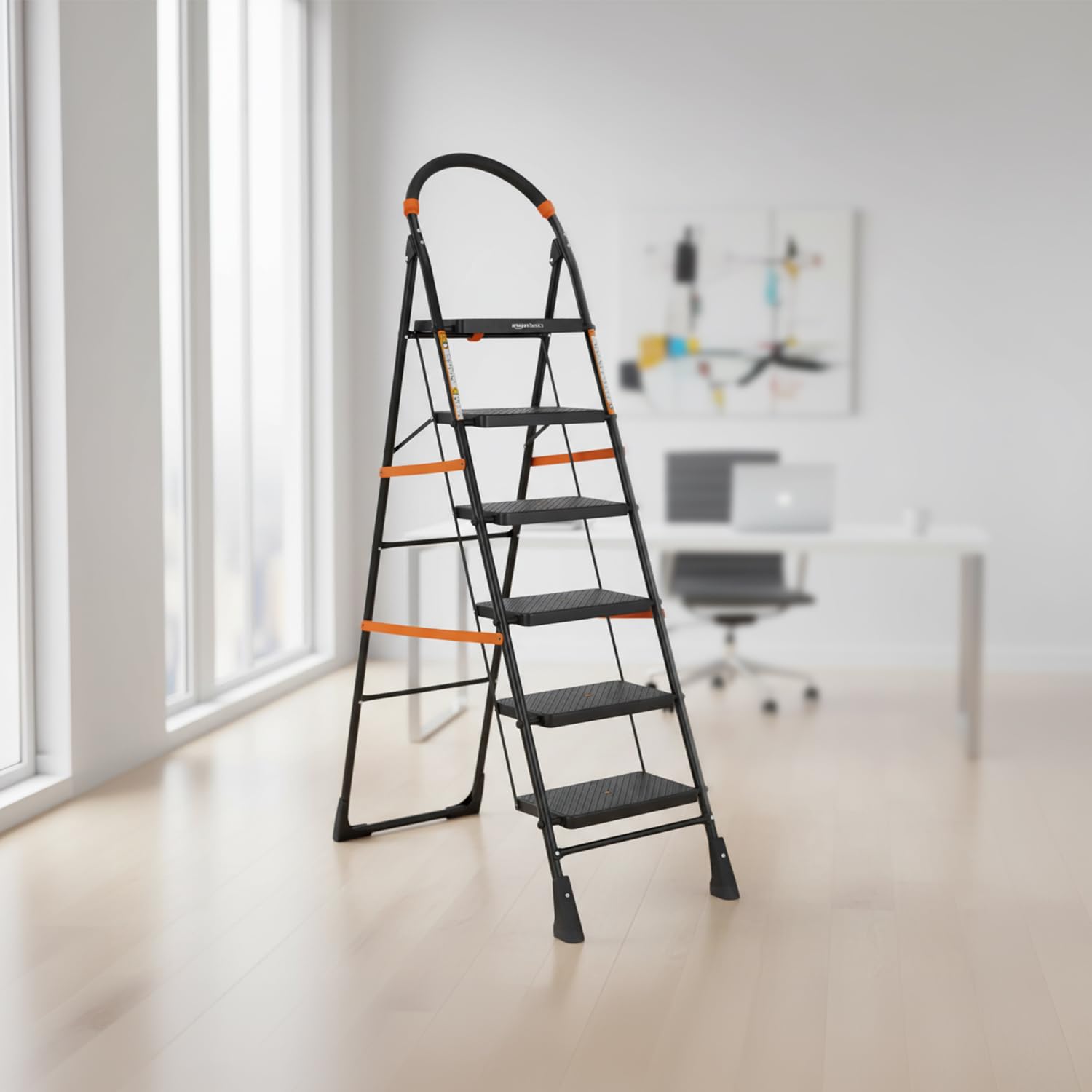 Amazon Basics Clamber - Foldable Step Ladder, Safety-Clutch Lock, Ribbed Steps, Knee Guard, Non-Marring PVC Shoes, 6 Steps (Steel, Black & Orange)