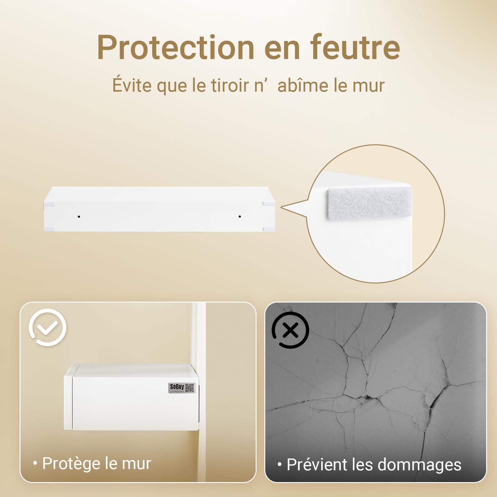 SoBuy Étagère Murale Flottante avec tiroir & éclairage LED à détecteur de Mouvement, pour Chambre, entrée & Salon, à Piles, L60 × P20 × H8 cm, Blanc, FHK38-W