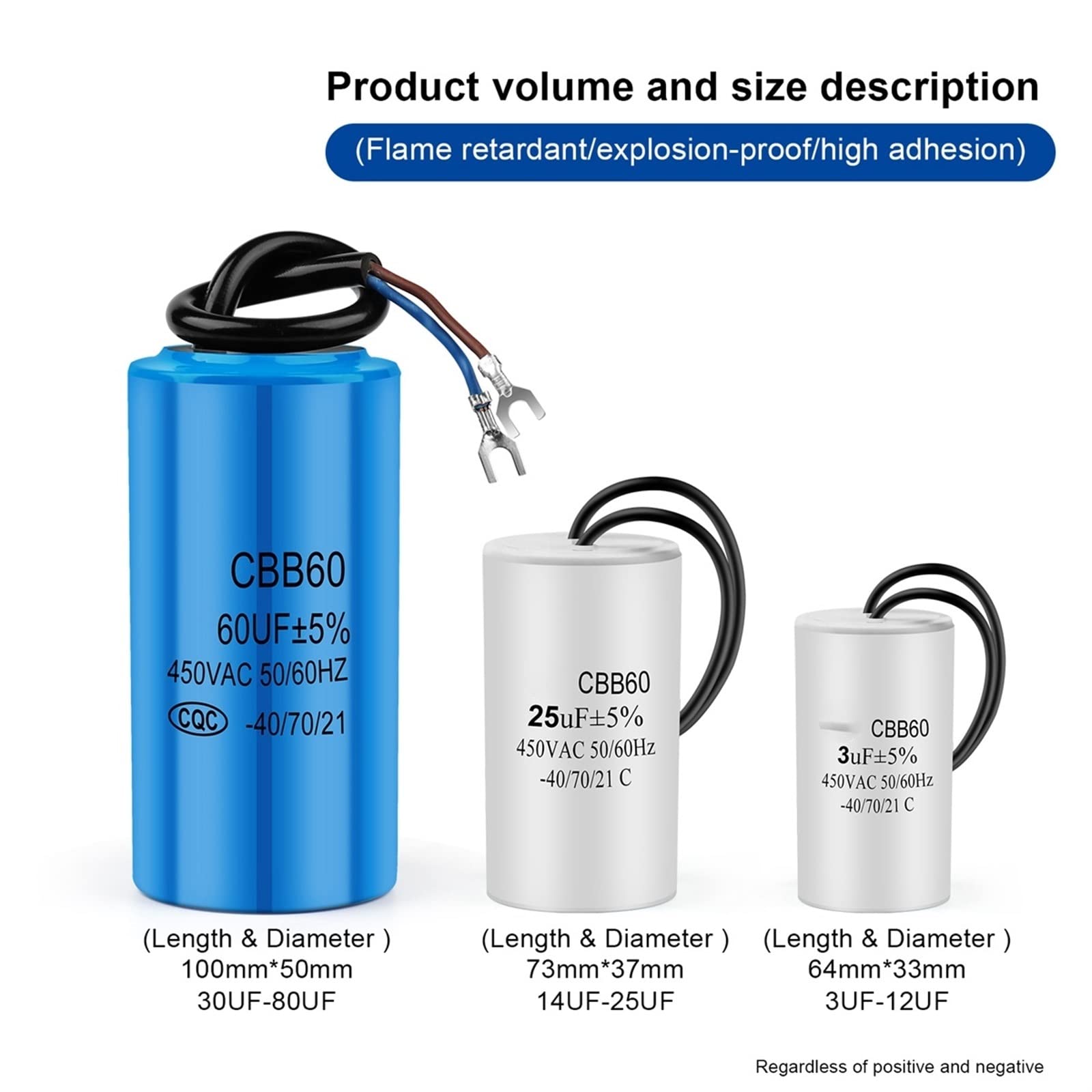 2 uds CBB60 450V condensador de funcionamiento del Motor serie condensadores de arranque de la bomba de agua funcionamiento del Motor de arranque 450VAC 3uF-80uF (Size : 80UF Blue)
