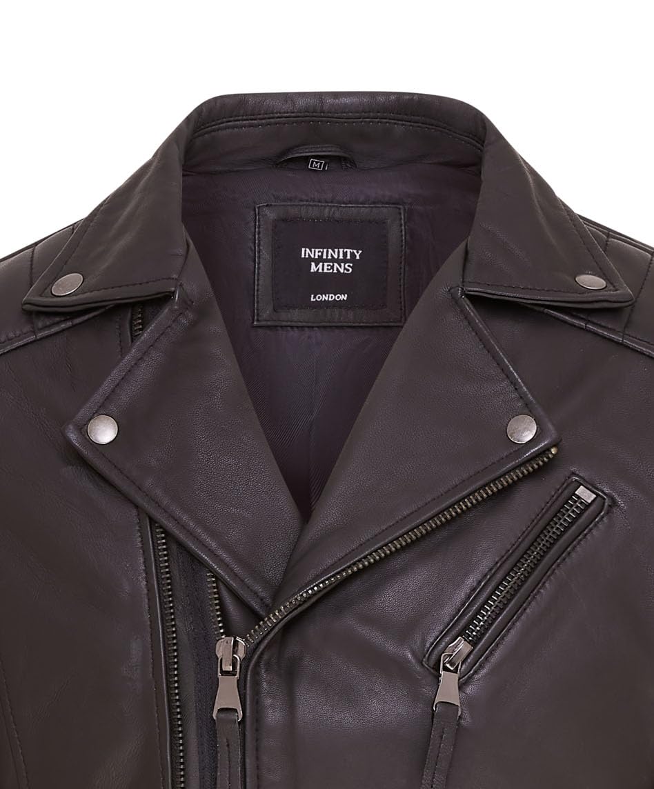 Infinity Leather Chaqueta Motera de Cuero 100% Con Cremallera Cruzada Doble Estilo Brando Entallada Para Hombre