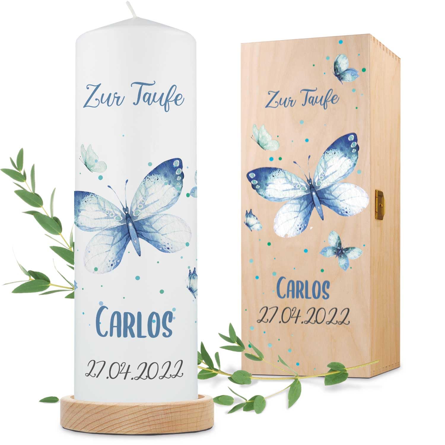 GRAVURZEILE Bedruckte Kerze - Taufkerze Schmetterling V2 - brilliant bedruckte Kerze zur Taufe - Personalisiertes Taufgeschenk für Mädchen & Jungen - Hochwertige Stumpenkerze 250/80 mm Farbe Blau