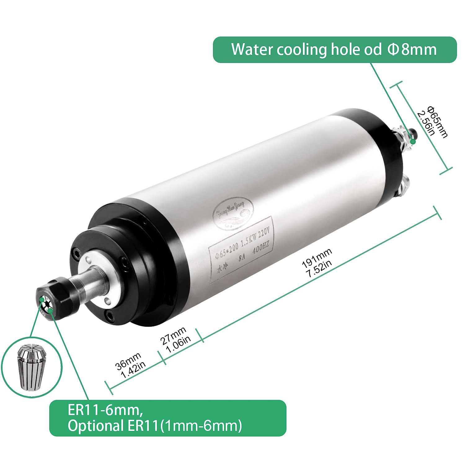 Motor de husillo CNC de 220 V, 1,5 kW, 1500 W, silencioso, refrigerado por agua, 65 mm, 4 rodamientos, 24000 rpm, 400 Hz para fresadora CNC