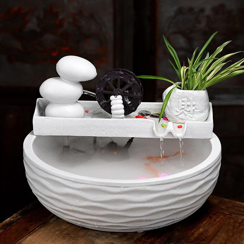 Fuente decorativa de jardín, fuente de agua con cascada, de cerámica, diseño de bambú, con iluminación LED, función humidificadora, bomba de agua, Zen, decoración para salón, oficina, jardín, Blanco