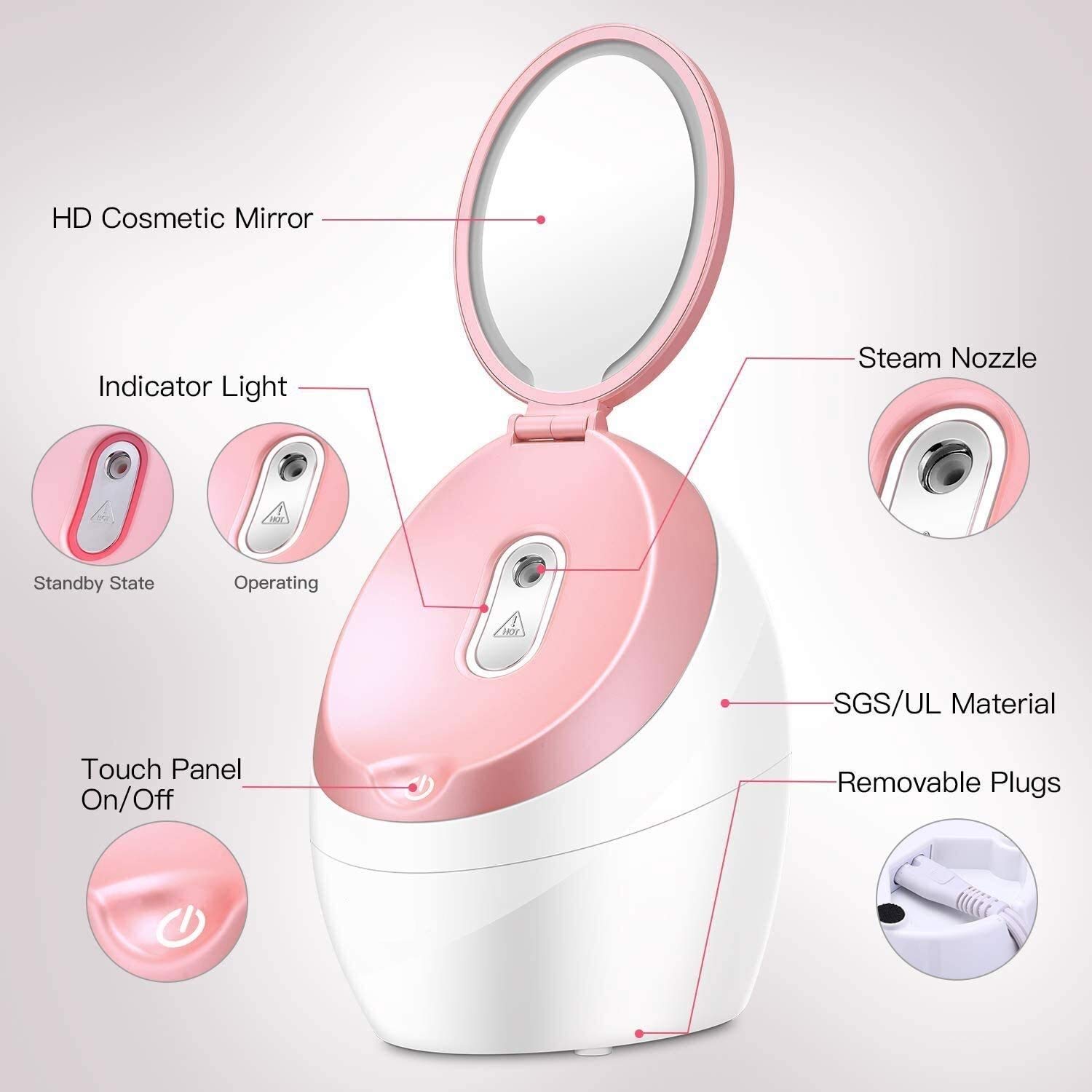 Nano Mist Face Steamer - Ciepła Mgiełka Spa do twarzy Parowiec z lusterkiem do makijażu LED - Domowy nawilżacz do sauny Głębokie nawilżanie - Zaskórniki Usuń pory oczyszczają