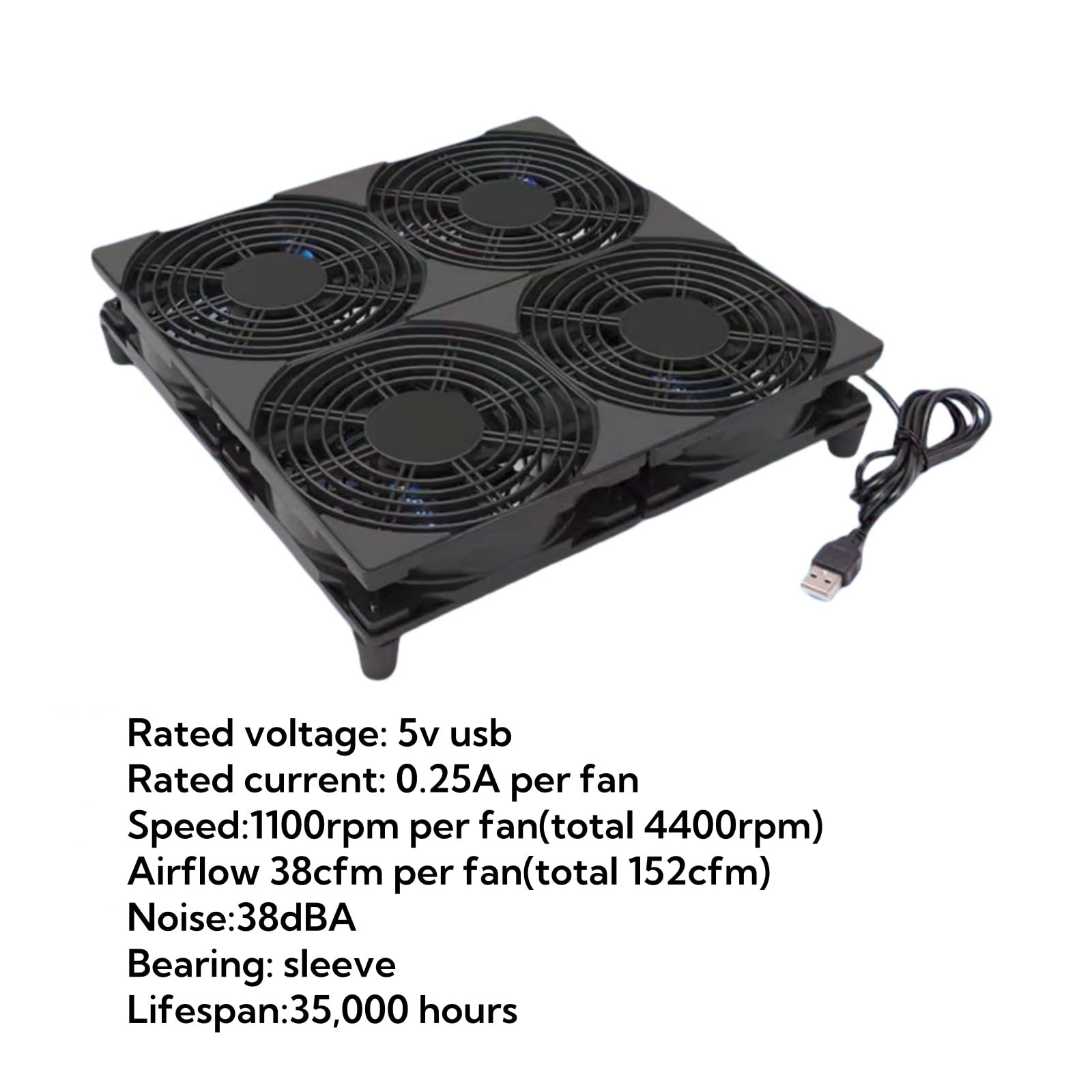 Ventola di raffreddamento USB silenziosa da 5 V, 120 mm x 4 con cavo da 1200 mm, 152 CFM, grande flusso d'aria per router, computer, Mac Mini, PlayStation, rack fai da te audio video rete