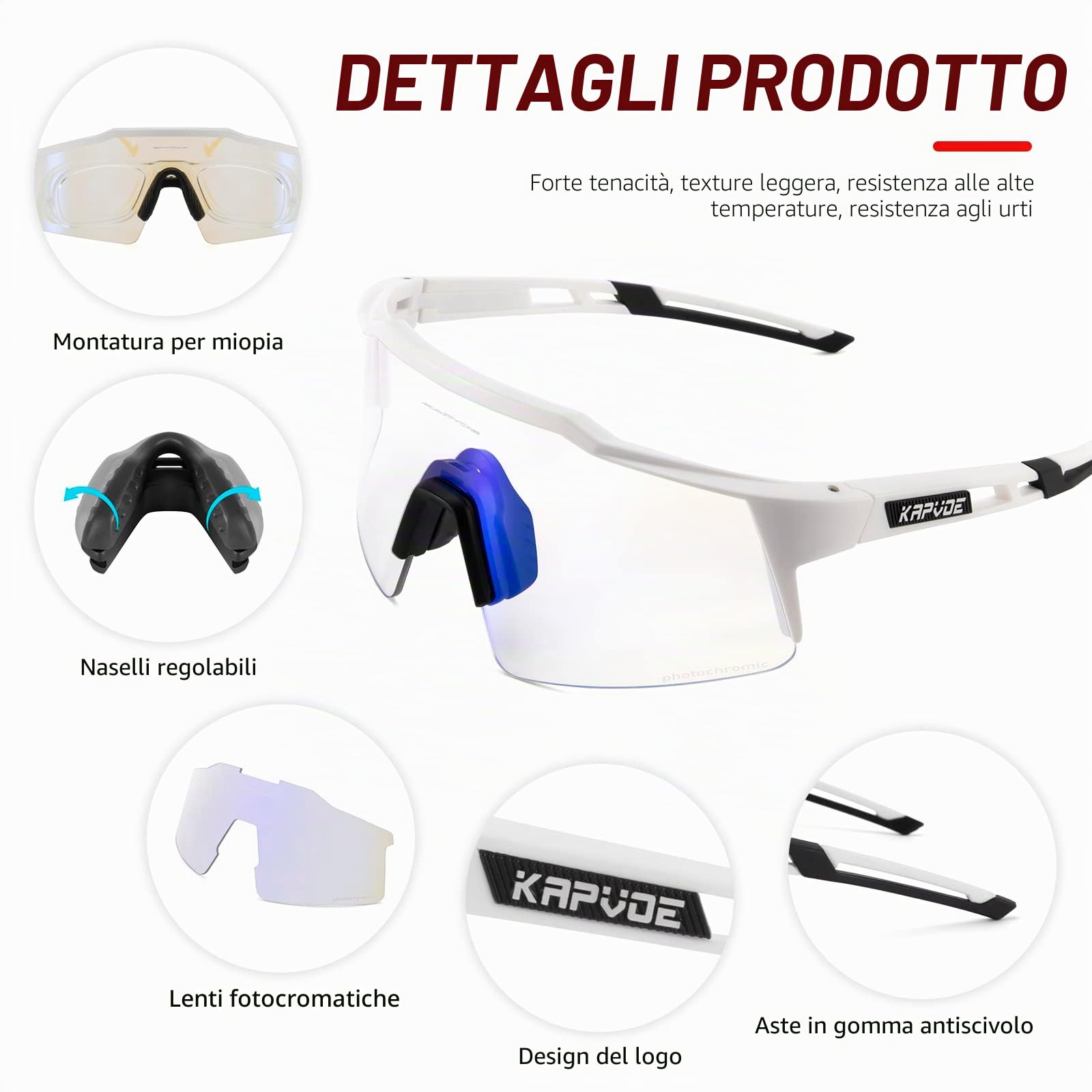 KAPVOE Occhiali da ciclismo fotocromatici UV400 uomo donna TR90 K9023 | Occhiali da ciclismo fotocromatici, UV400 Protezione, Struttura TR90 e supporto interno integrato