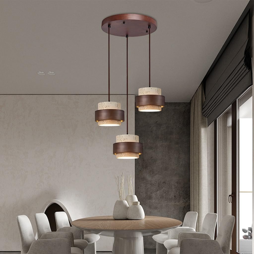 NOCHX Natural Stone Pendant Light Cylindrical Travertine Hanging Lamp in Wabi Sabi Modern Style with Solid Wood for Kitchen Island Adjustable Home Decor Passageway Pendant Lamp(C)