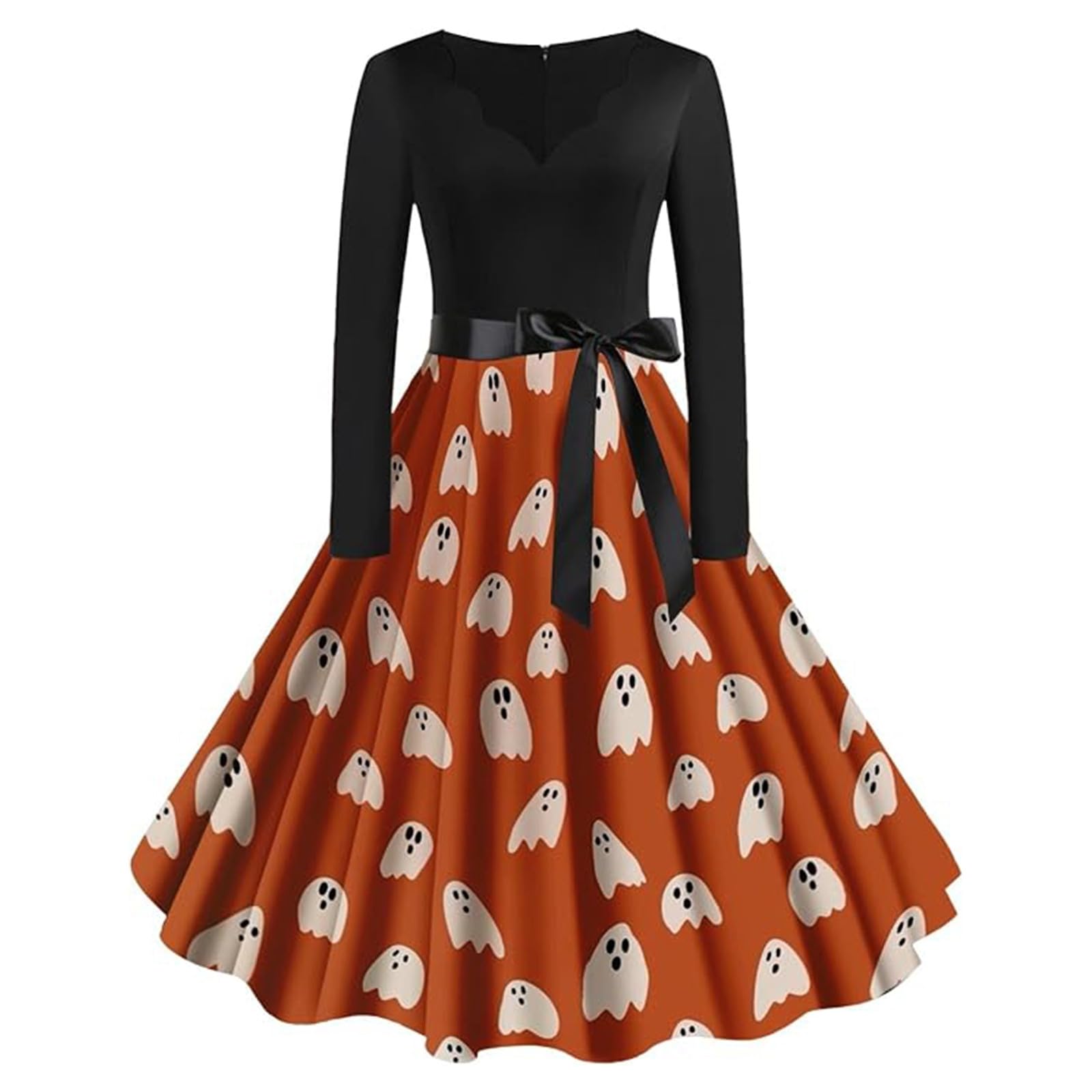 Halloween Costumes Adult Women Retro Pumpkin Skeleton Print V-Neck Long Sleeve A Line Swing Ladies Dress Women's Fashion Black Vintage Skull Witch Rockabilly Party Cocktail Novelty Maxi Dresses