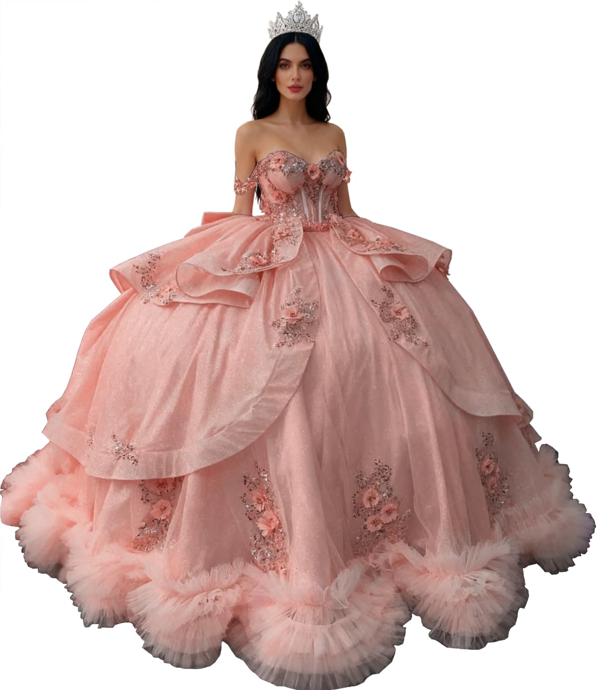 Glitter Puffy Quinceanera Dress with Bow Off Shoulder Ball Gown 3D Floral Lace Appliques 15 16 Birthday Dress