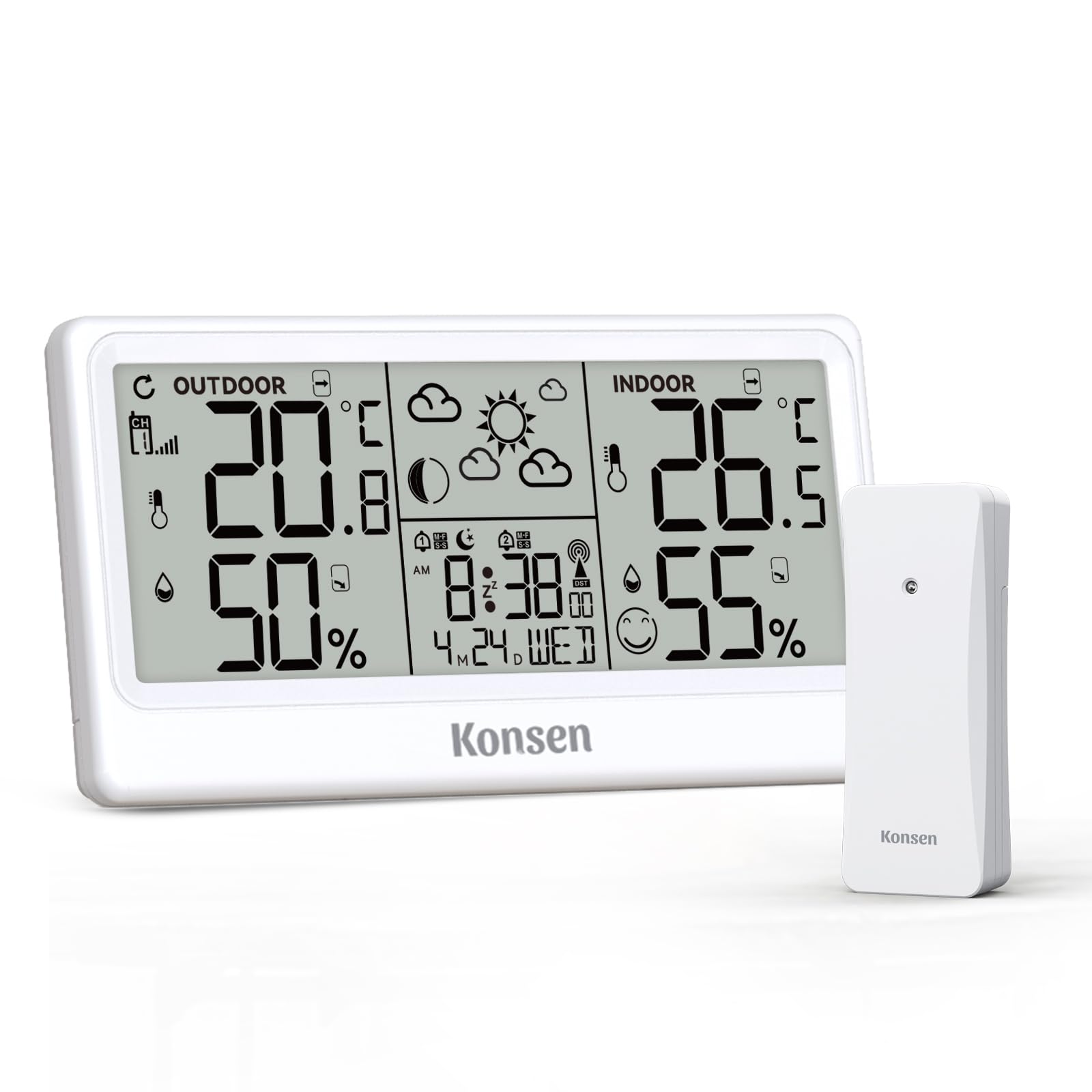 Konsen Funk-Wetterstation mit Außensensor – DCF Funkuhr, Digitales Thermo-Hygrometer (Batteriebetrieb) für Innen/Außen mit Wetterprognose, in Weiß
