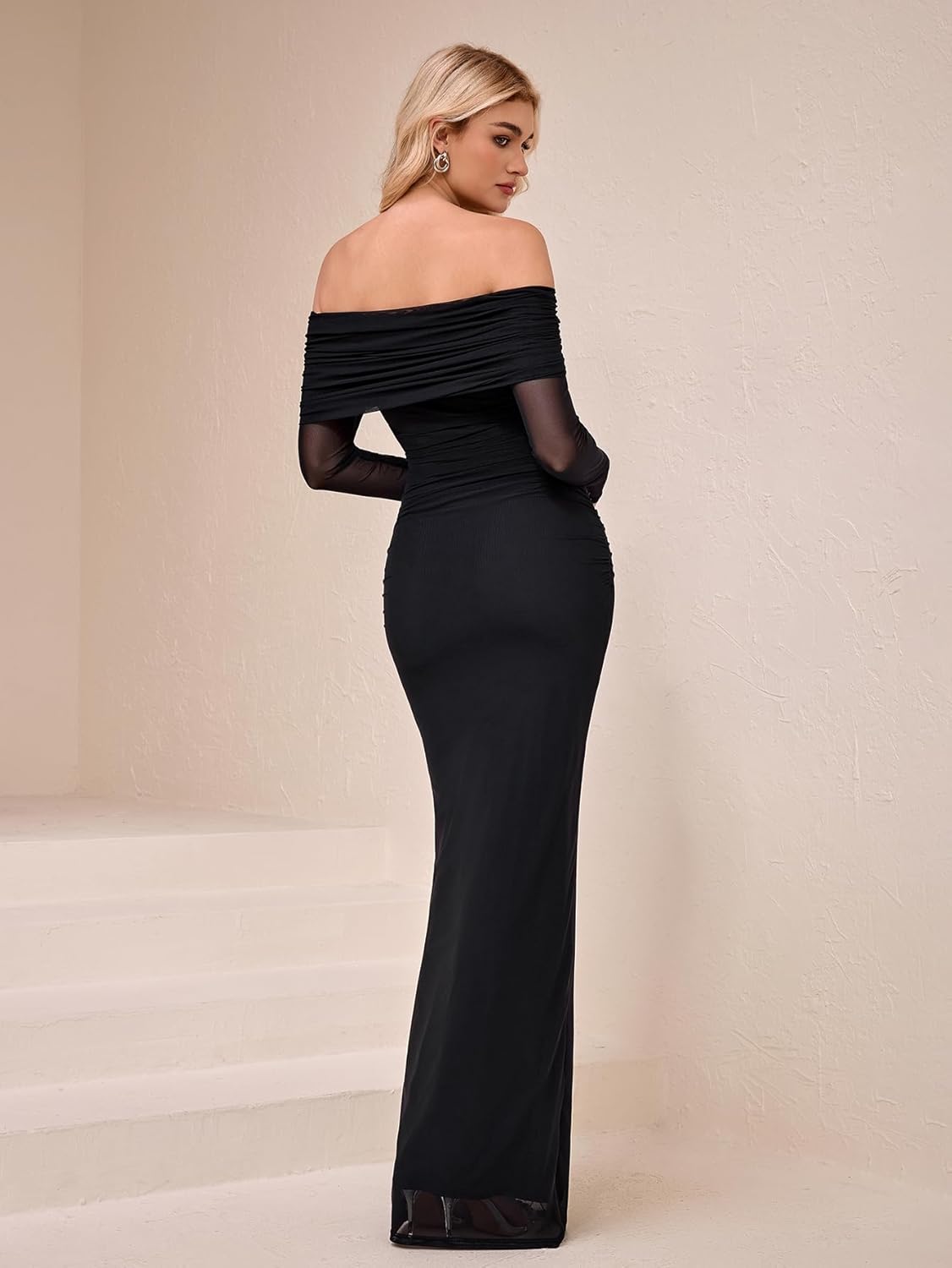Off Shoulder Long Sleeve Bodycon Maxi Dress Mesh Twist Ruched Wedding Guest Formal Party Fall Dresses for Women - Image 4
