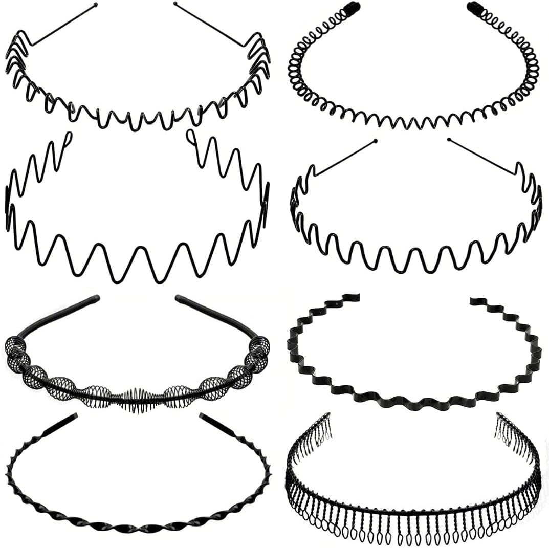 OAOLEER Metal Headbands for Men Women,Fashion Spring Wavy Black Non Slip Hair Bands 8 PCS