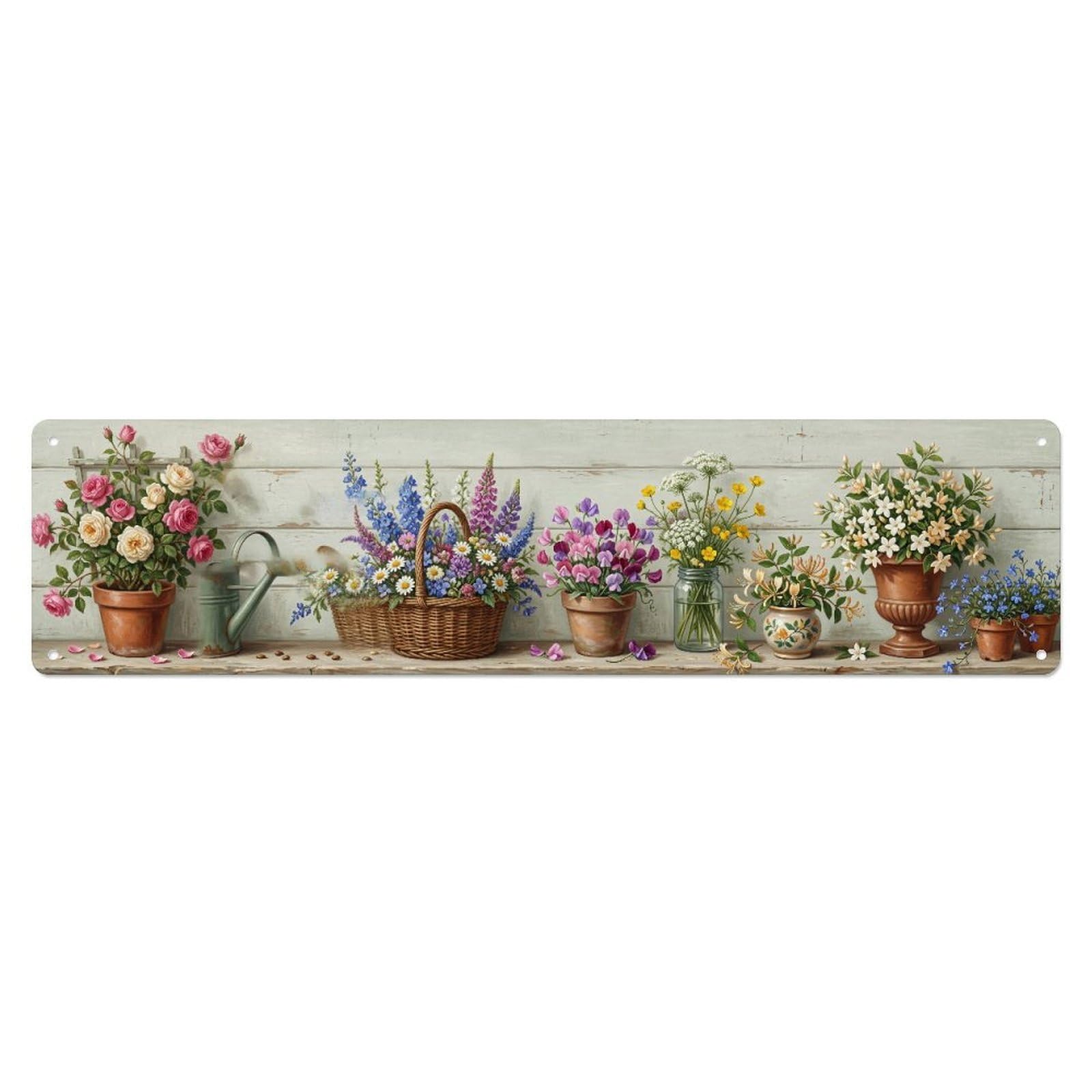 Fqnyr Style Metal Tin Sign Floral Garden Tools Garden Gate Pattern Print