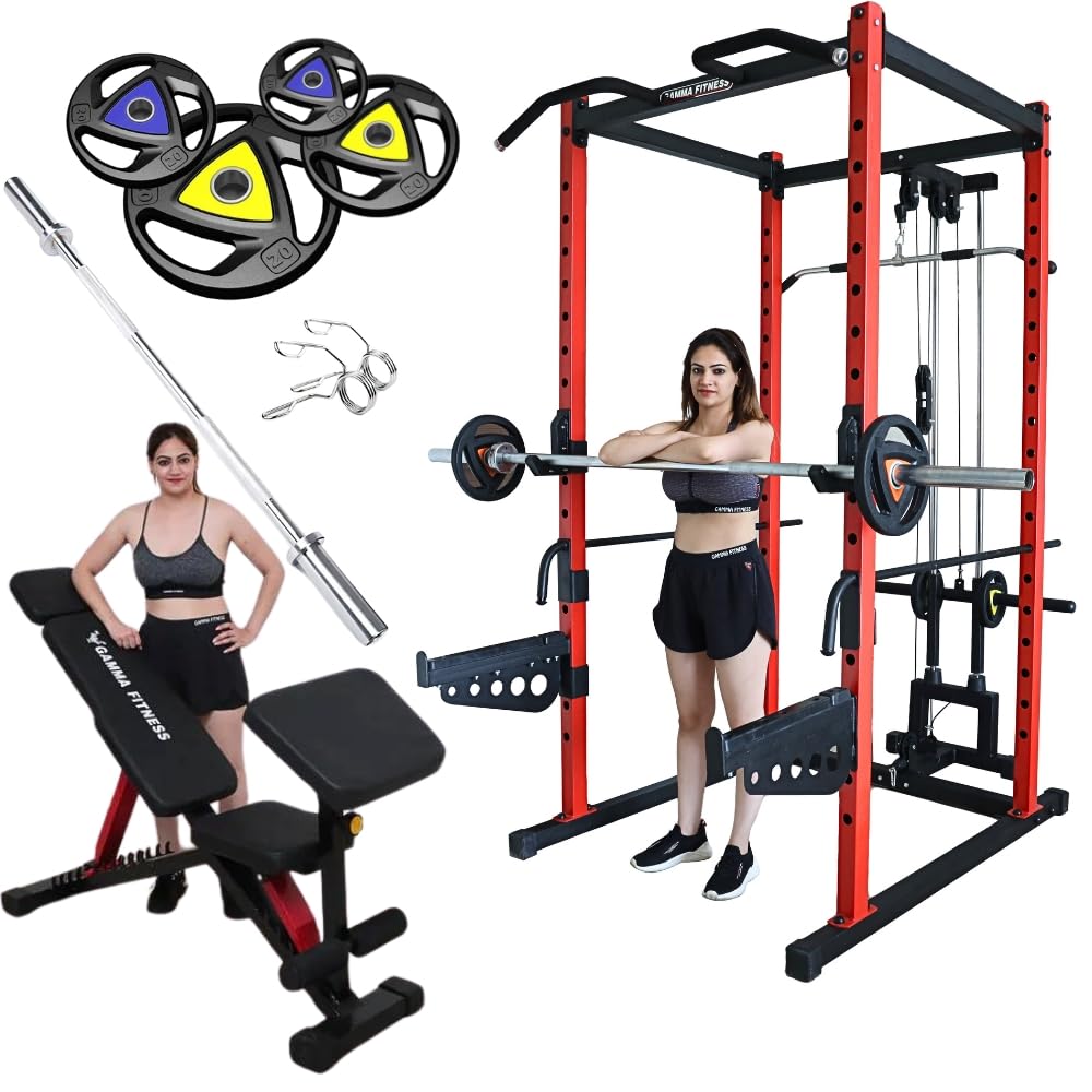 Gamma Fitness Power Squat Rack PR-40 Luxury Combo with Olympic 7 Feet Barbell, Adjustable Bench MB-600 & Rubber Coated Weight Plates (80 Kg)-image-15