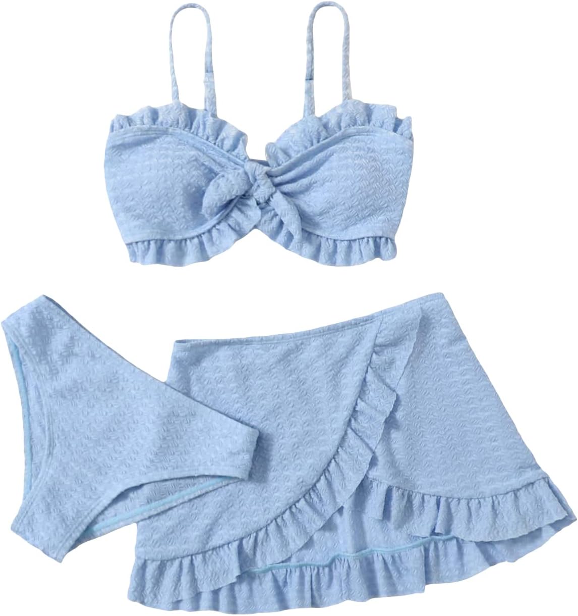 SHENHE Girl's 3 Piece Cute High Waisted Ruffle Trim Swimsuit Bikini Sets with Beach Skirt, Light Blue, 12 Years