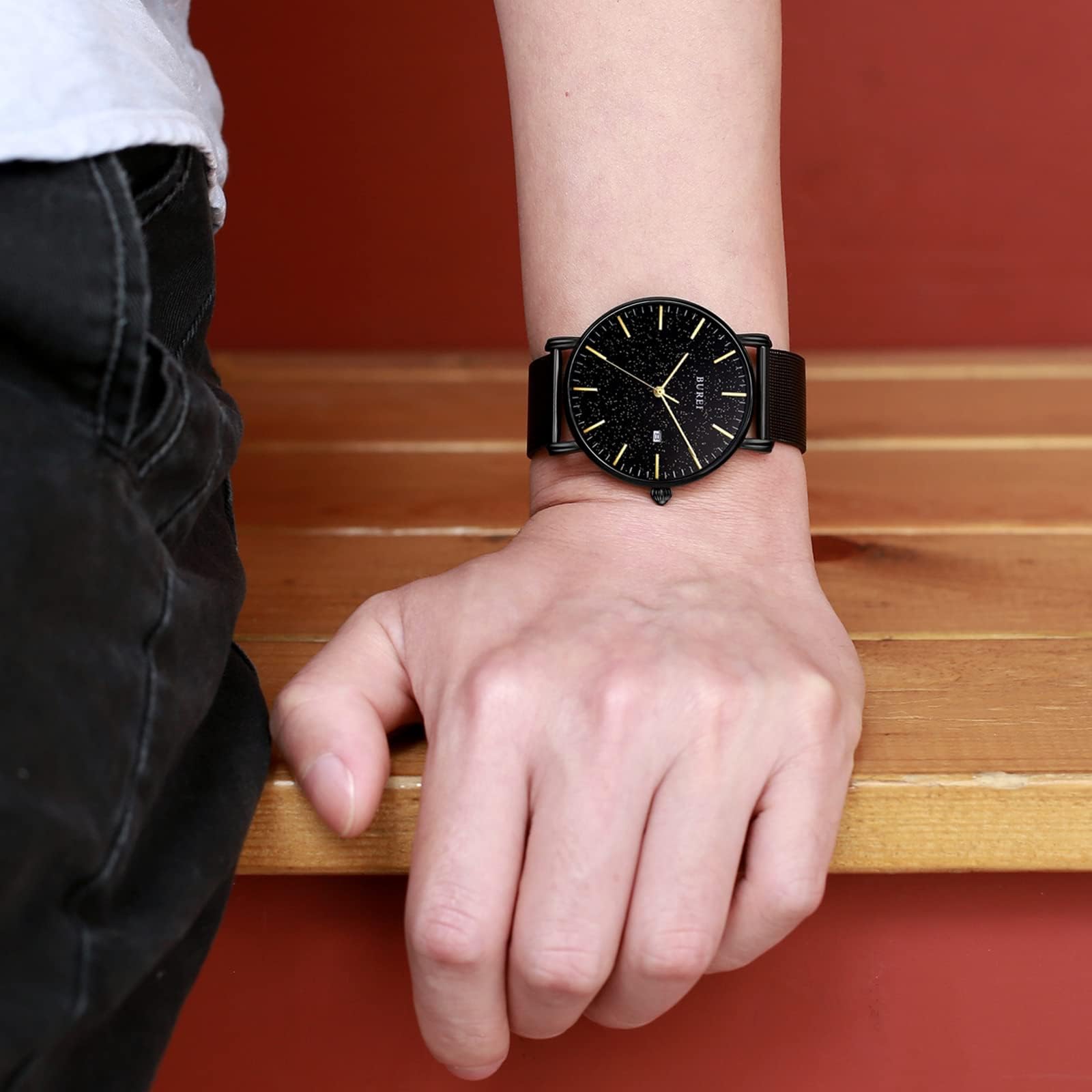 BUREI Men's Watches, Classic Analogue Dial with Date Japanese Quartz and Ultra-Thin Stainless Steel Mesh Band