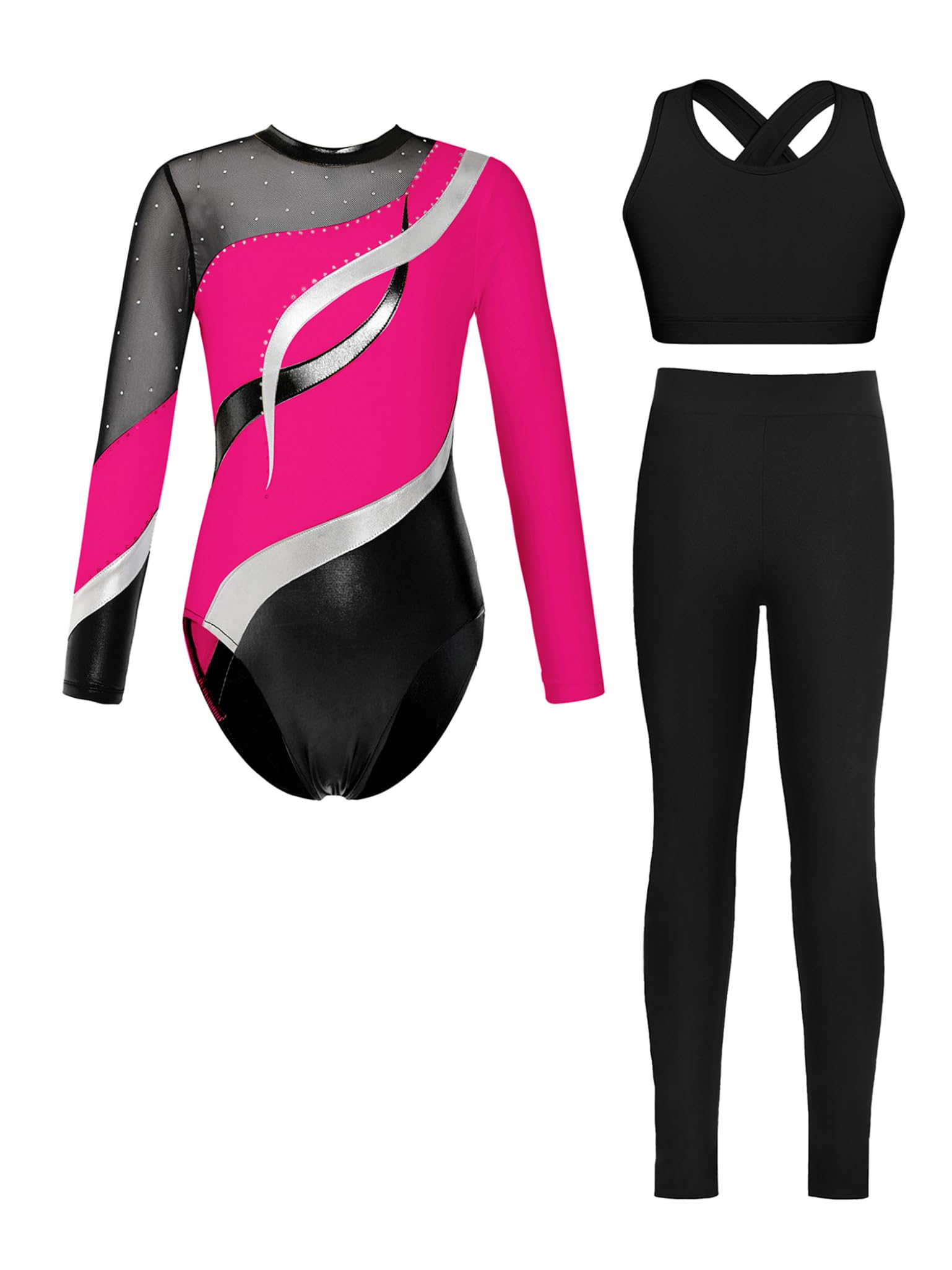 Traje Gimnasia Niña Con Brillo Manga Larga Con Pantalón Sostén Deportivo Tops Traje Equipo Patinaje Artístico Mono Competición Baile