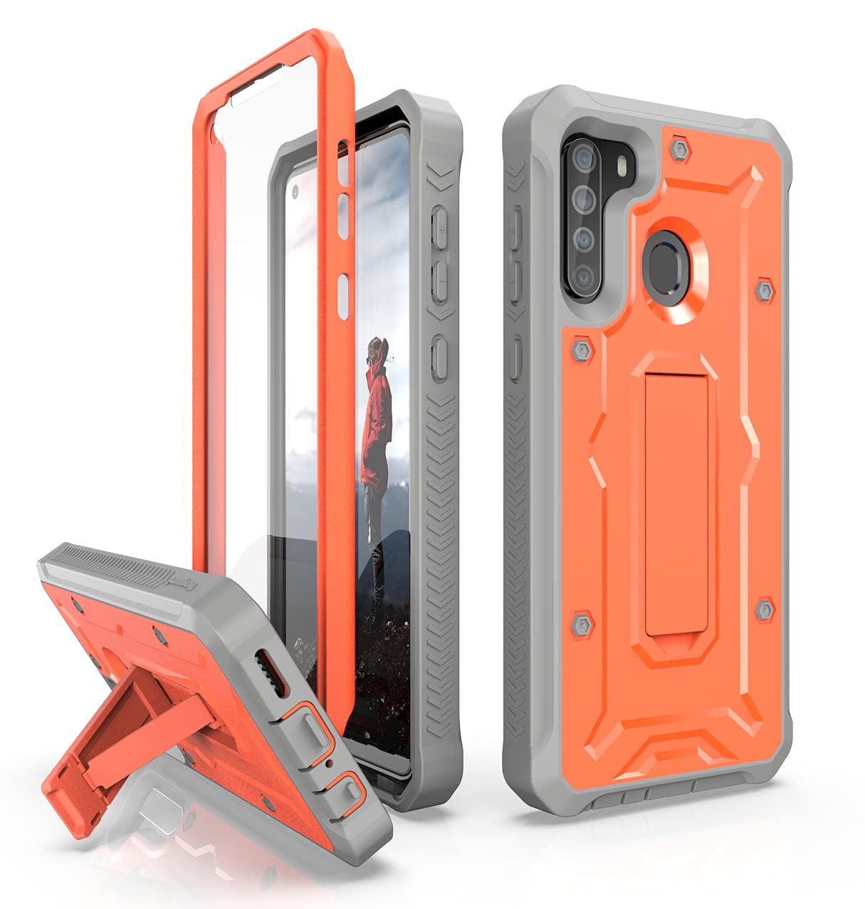 ArmadilloTek Vanguard Compatible with Samsung Galaxy A21 Case Military Grade Full-Body Rugged with Built-in Screen Protector and Kickstand - Orange