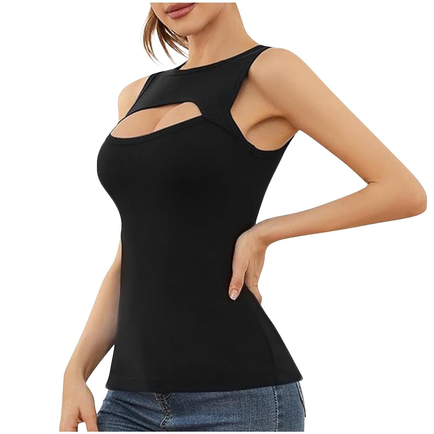 Womens Cutout Front Tank Tops Sleeveless Shirts Ribbed Tanks Slim Fitted Y2K Sexy Basic Tee Shirt Solid Color