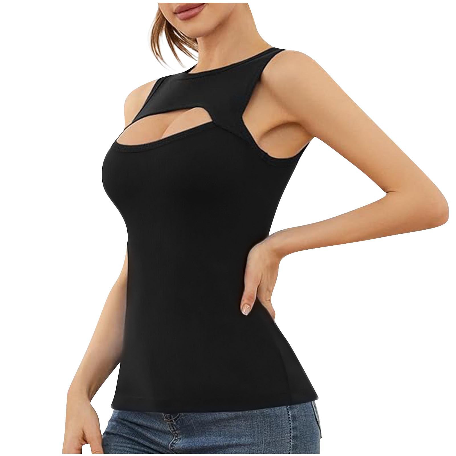 Womens Cutout Front Tank Tops Sleeveless Shirts Ribbed Tanks Slim Fitted Y2K Sexy Basic Tee Shirt Solid Color